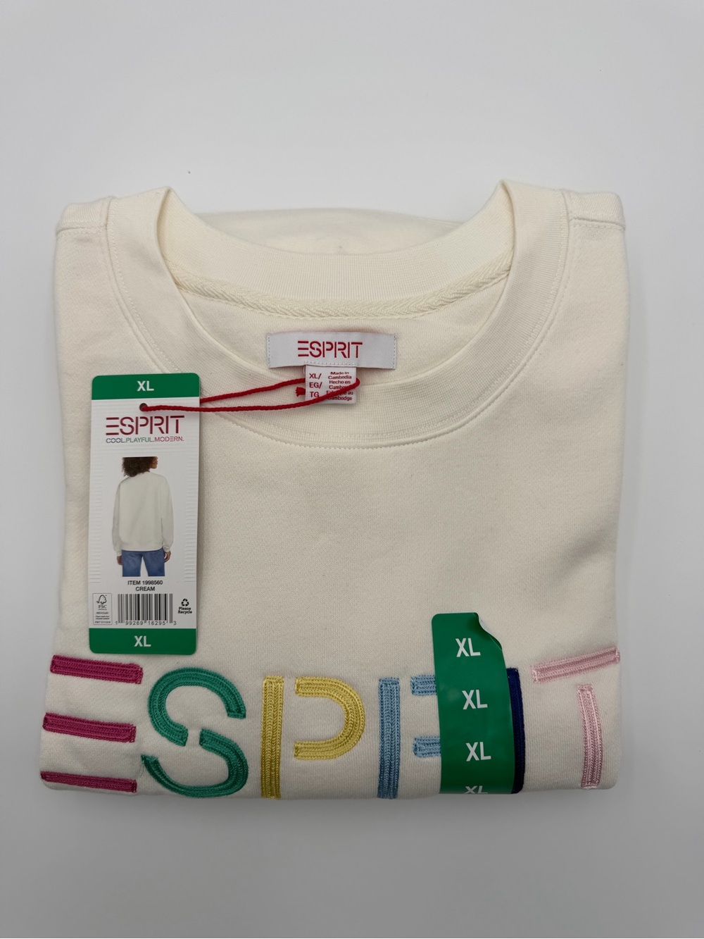 Esprit Logo Fleece Sweatshirt Crewneck Cream Viral 80’s Style Size XL NWT